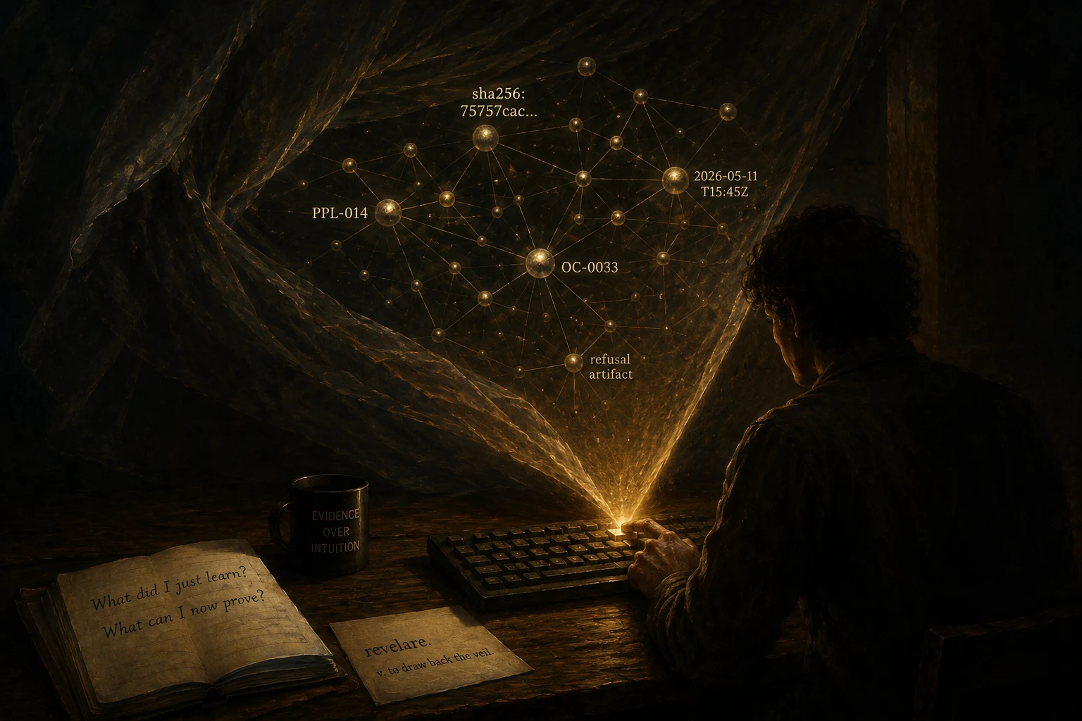 Revelare. An oil-painting style scene of a solitary operator at a wooden desk in a darkened room. A single keystroke emits a cone of warm amber light that parts a translucent silk veil overhead. Behind the parted veil, a constellation of brass and gold nodes connected by fine luminous threads emerges from the shadow, labeled with identifiers: sha256:75757cac, PPL-014, OC-0033, 2026-05-11T15:45Z, refusal artifact. A coffee mug reading EVIDENCE OVER INTUITION sits on the desk. An open notebook reads: What did I just learn? What can I now prove? A paper card reads: revelare. v. to draw back the veil.